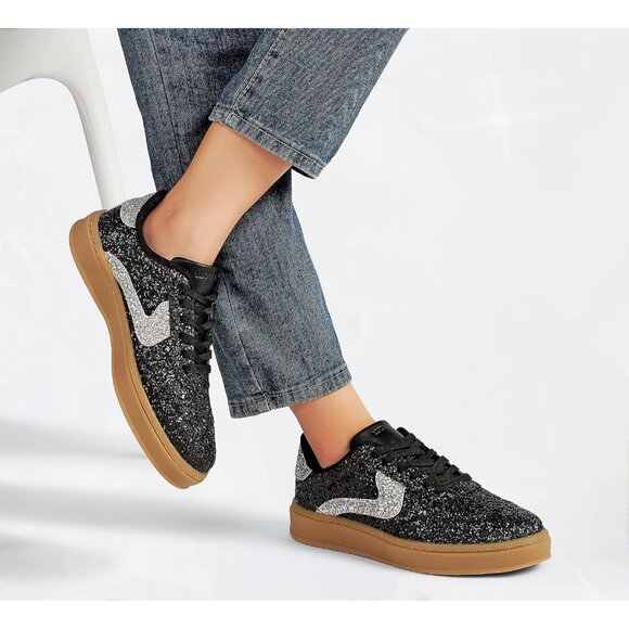 Lucky Step Women Black Sparkly Bling Shiny Dressy Bedazzled Bridal Sneakers - Picture 7 of 9